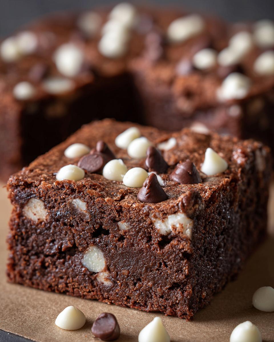 Close-up of a slice of One-Bowl Triple Chocolate Fudge Sheet Cake with chocolate chips and white chocolate chips.
