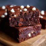 Close-up of stacked slices of One-Bowl Triple Chocolate Fudge Sheet Cake, with chocolate and white chocolate chips.
