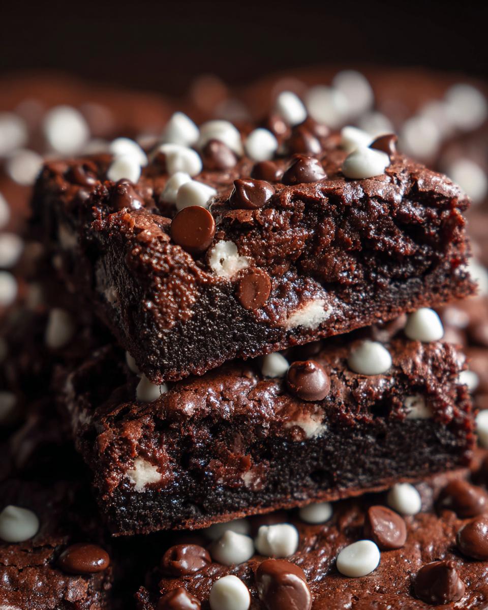 Close-up of stacked slices of One-Bowl Triple Chocolate Fudge Sheet Cake with chocolate chips.