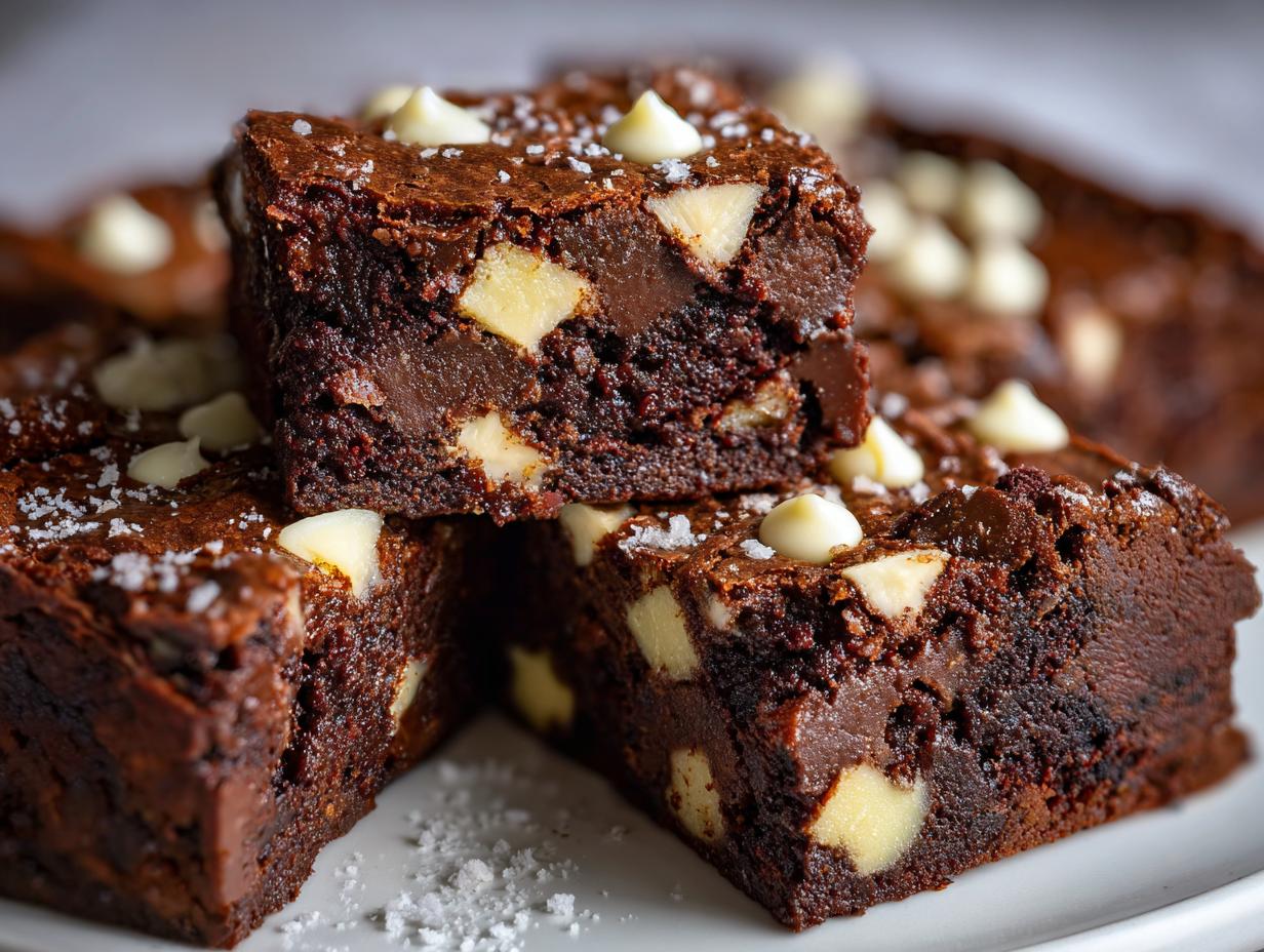 Close-up of One-Bowl Triple Chocolate Fudge Sheet Cake slices with white chocolate chips.
