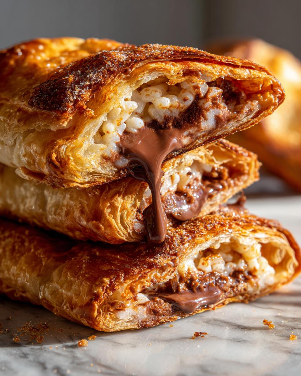 Close-up of a stack of Puff-Pastry Chocolate Crunch Wraps with melted chocolate filling.