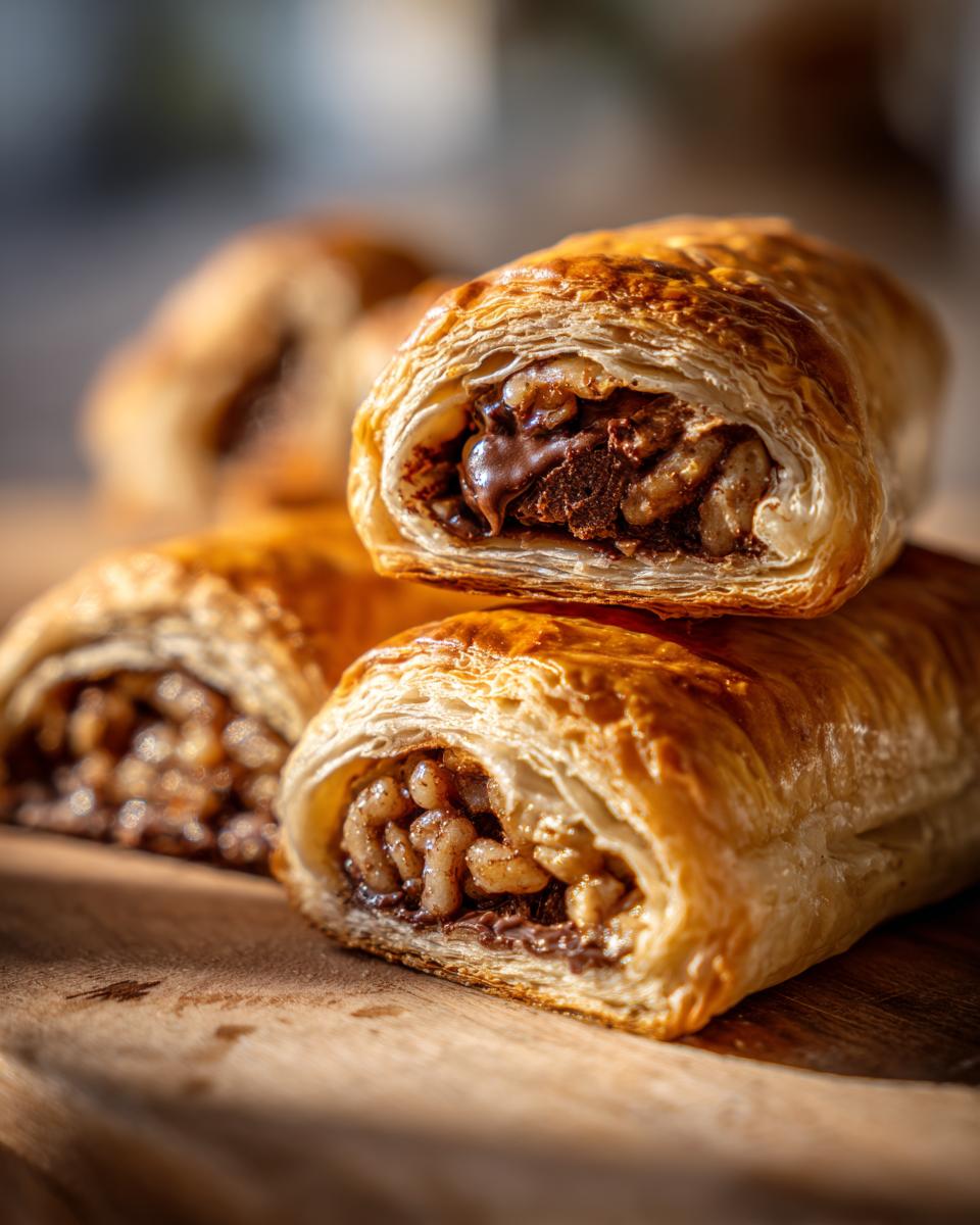 Close-up of Puff-Pastry Chocolate Crunch Wraps, showing flaky pastry and chocolate filling.