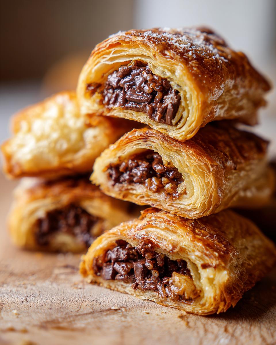 Close-up of stacked Puff-Pastry Chocolate Crunch Wraps, showing flaky pastry and chocolate filling.