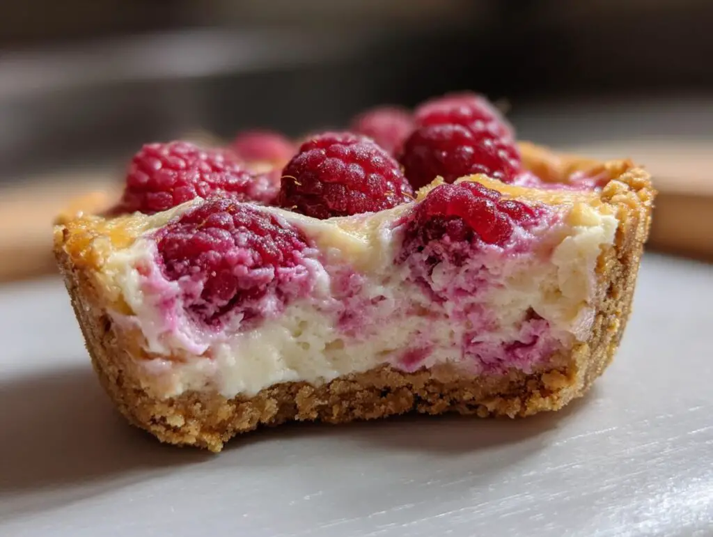 Close-up of a Raspberry Cream Cheese Bite, showing the crust, cream cheese filling, and fresh raspberries.