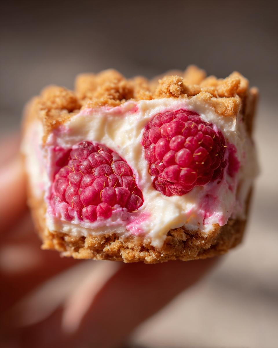 Close-up of a Raspberry Cream Cheese Bite with fresh raspberries and a crumb topping.