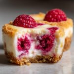 Close-up of a Raspberry Cream Cheese Bite with a bite taken out, showing the filling and fresh raspberry.