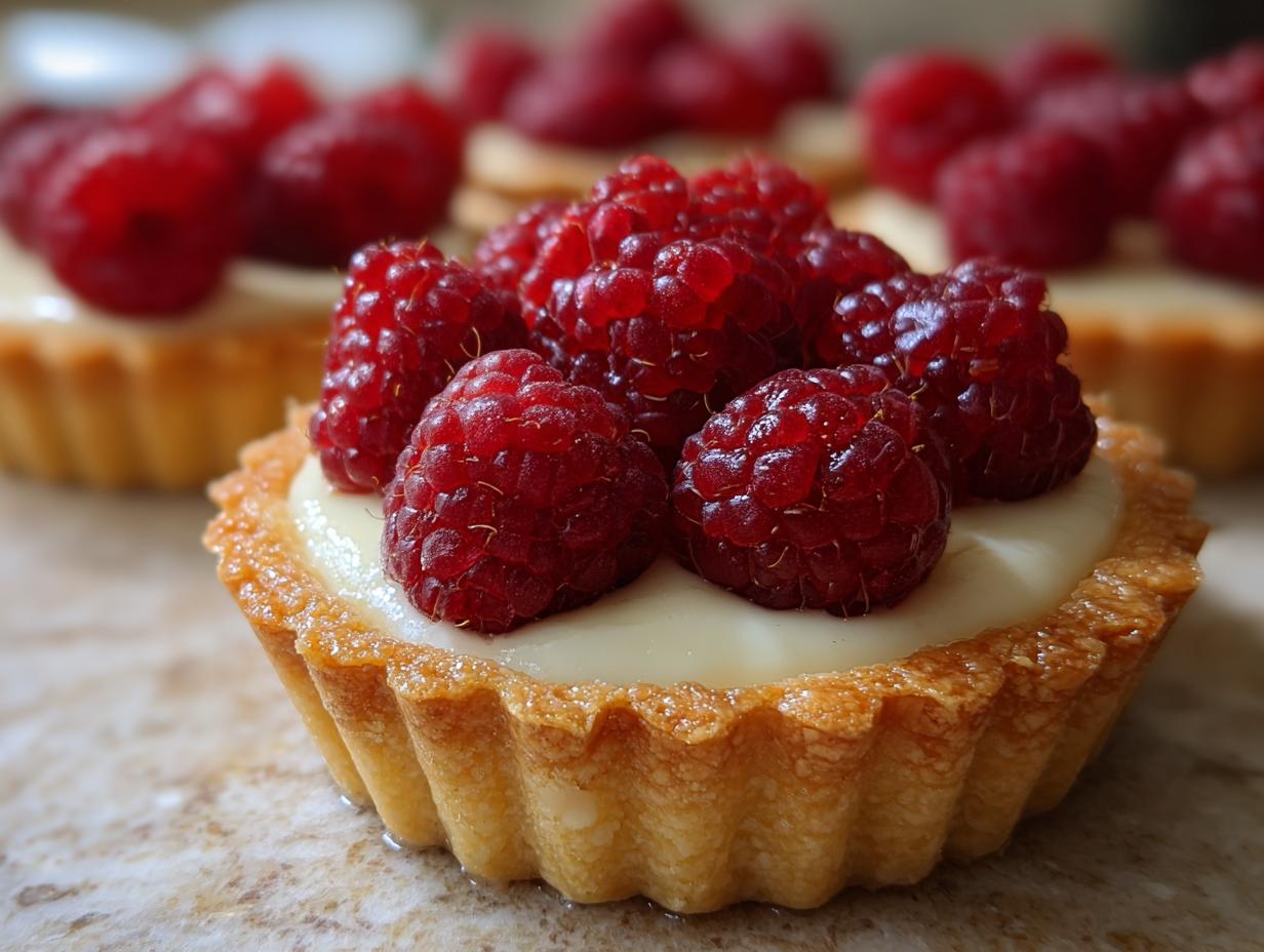 Close-up of a delicious Raspberry Cream Cheese Mini Tart, topped with fresh raspberries.
