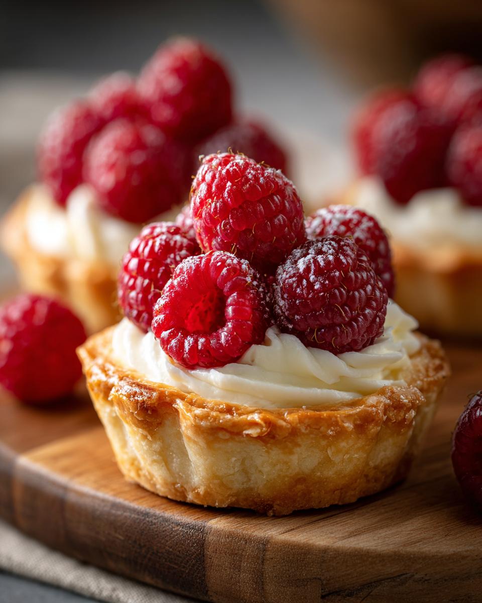 Close-up of a delicious Raspberry Cream Cheese Mini Tart, with fresh raspberries on top.