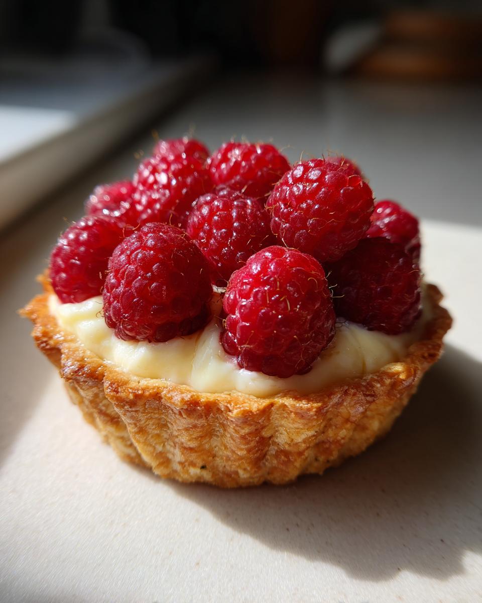 Close-up of a single Raspberry Cream Cheese Mini Tart with fresh raspberries on top.