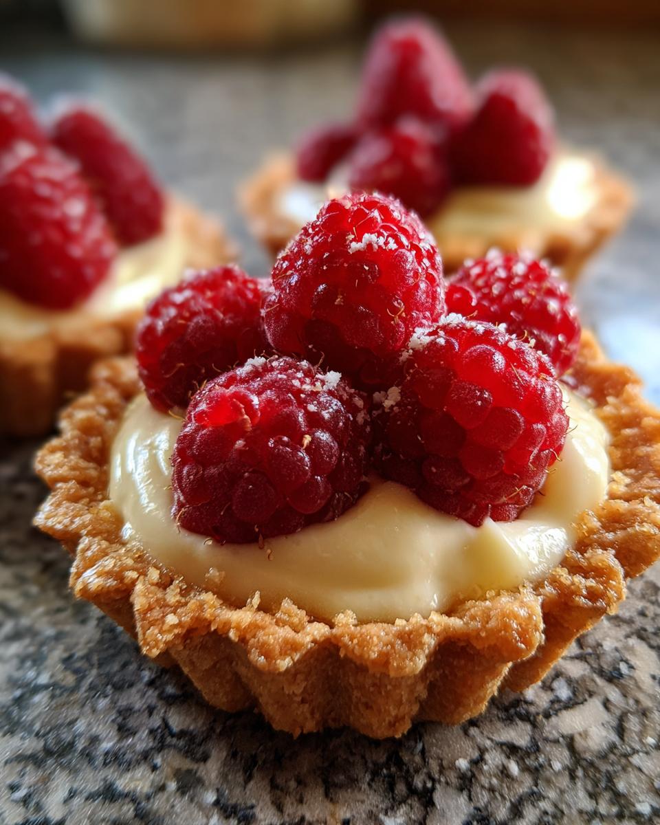Close-up of a Raspberry Cream Cheese Mini Tart with fresh raspberries and creamy filling.