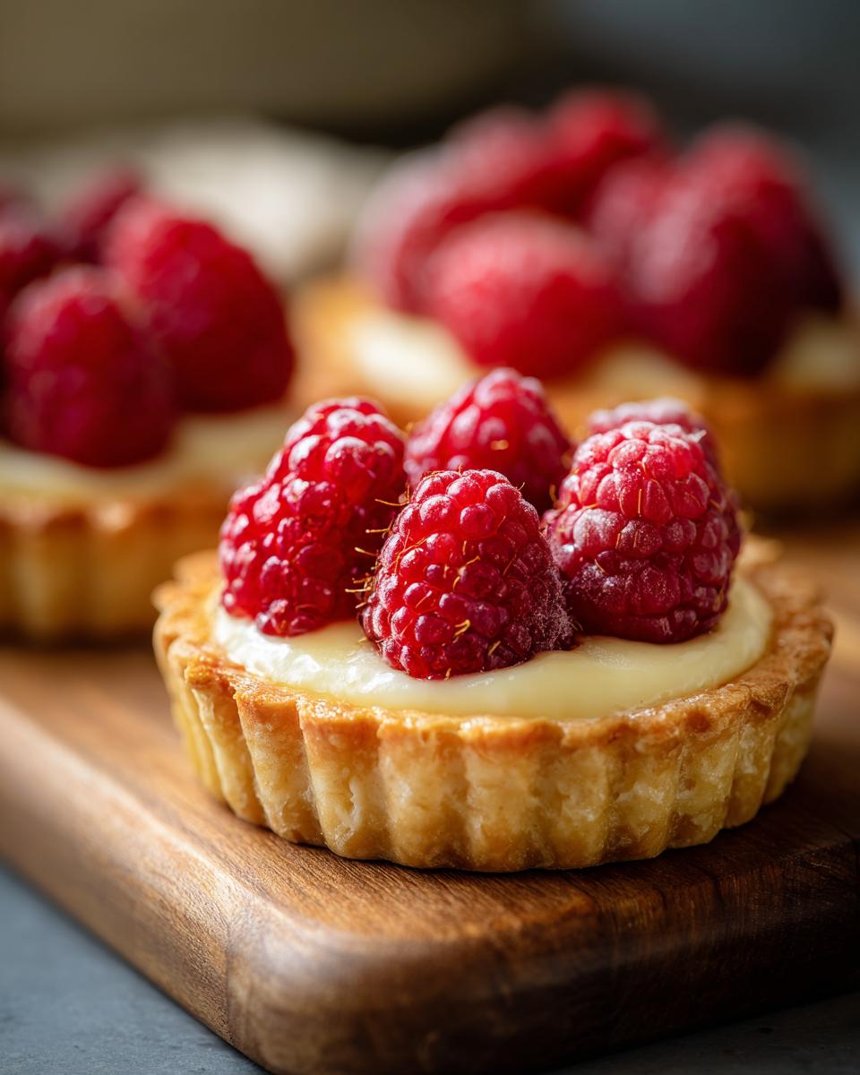Close-up of a Raspberry Cream Cheese Mini Tart with fresh raspberries, on a wooden board.