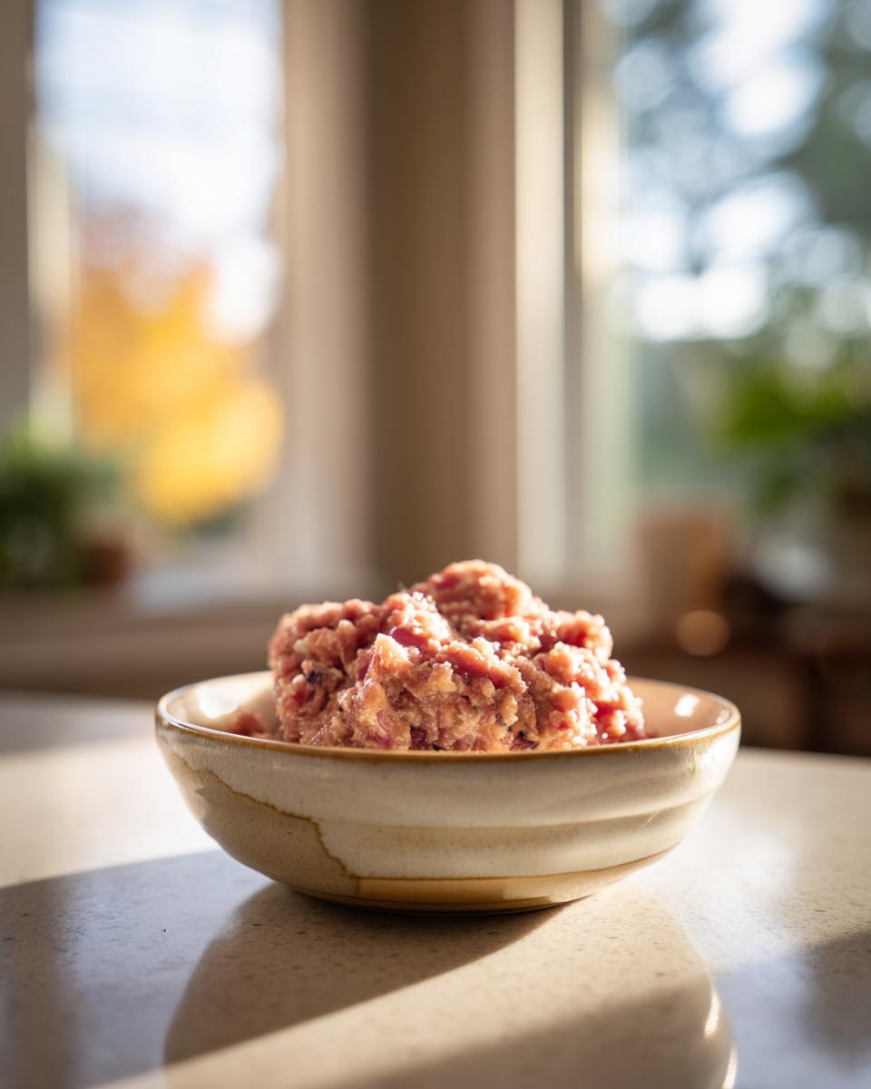 Amazing Raw Protein Cat Meal: 3 Simple Steps 10 Close-up of a bowl filled with fresh raw protein cat meal, ready to serve.