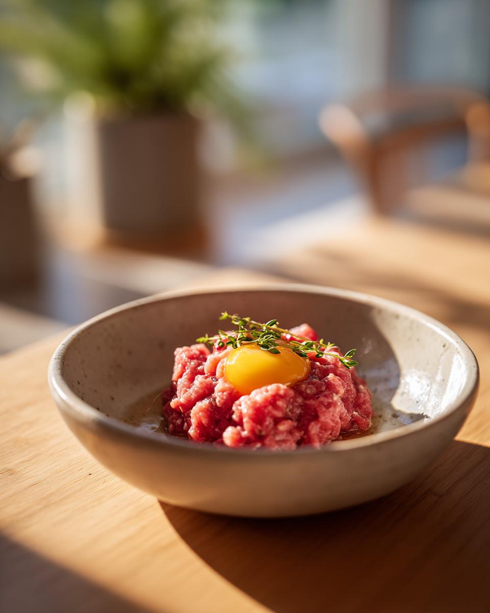 Amazing Raw Protein Cat Meal: 3 Simple Steps 9 Close-up of a Raw Protein Cat Meal, with raw meat and a raw egg yolk, ready to serve.