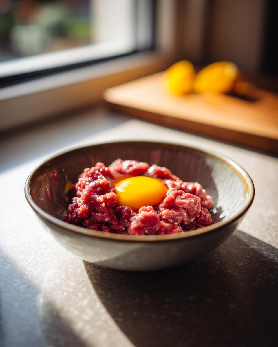 Amazing Raw Protein Cat Meal: 3 Simple Steps 8 Close-up of a bowl of raw meat with an egg yolk, part of a Raw Protein Cat Meal.
