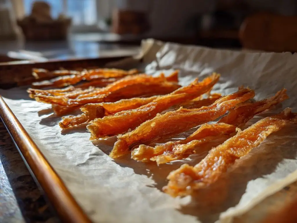 Close-up of dehydrated Salmon Skin Cat Treats on parchment paper, ready to be enjoyed.