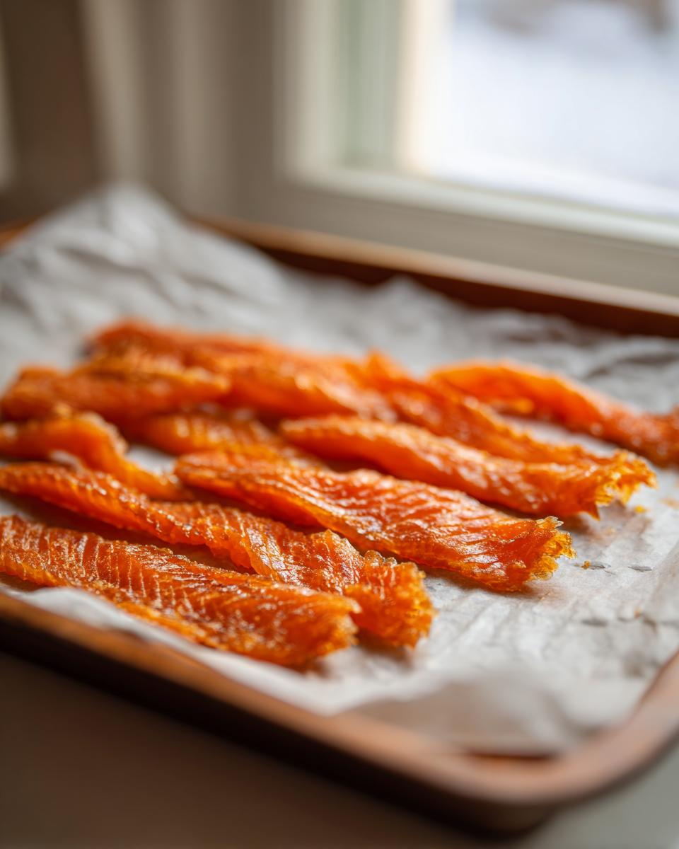 Amazing Salmon Skin Cat Treats: 1 Ingredient Joy 10 Close-up of dehydrated salmon skin cat treats on parchment paper, the perfect Salmon Skin Cat Treats.