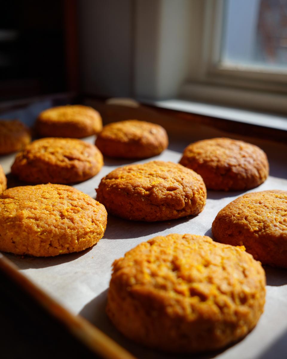 Amazing Salmon & Sweet Potato Cat Treats 8 Close-up of freshly baked Salmon & Sweet Potato Cat Treats on a baking sheet.
