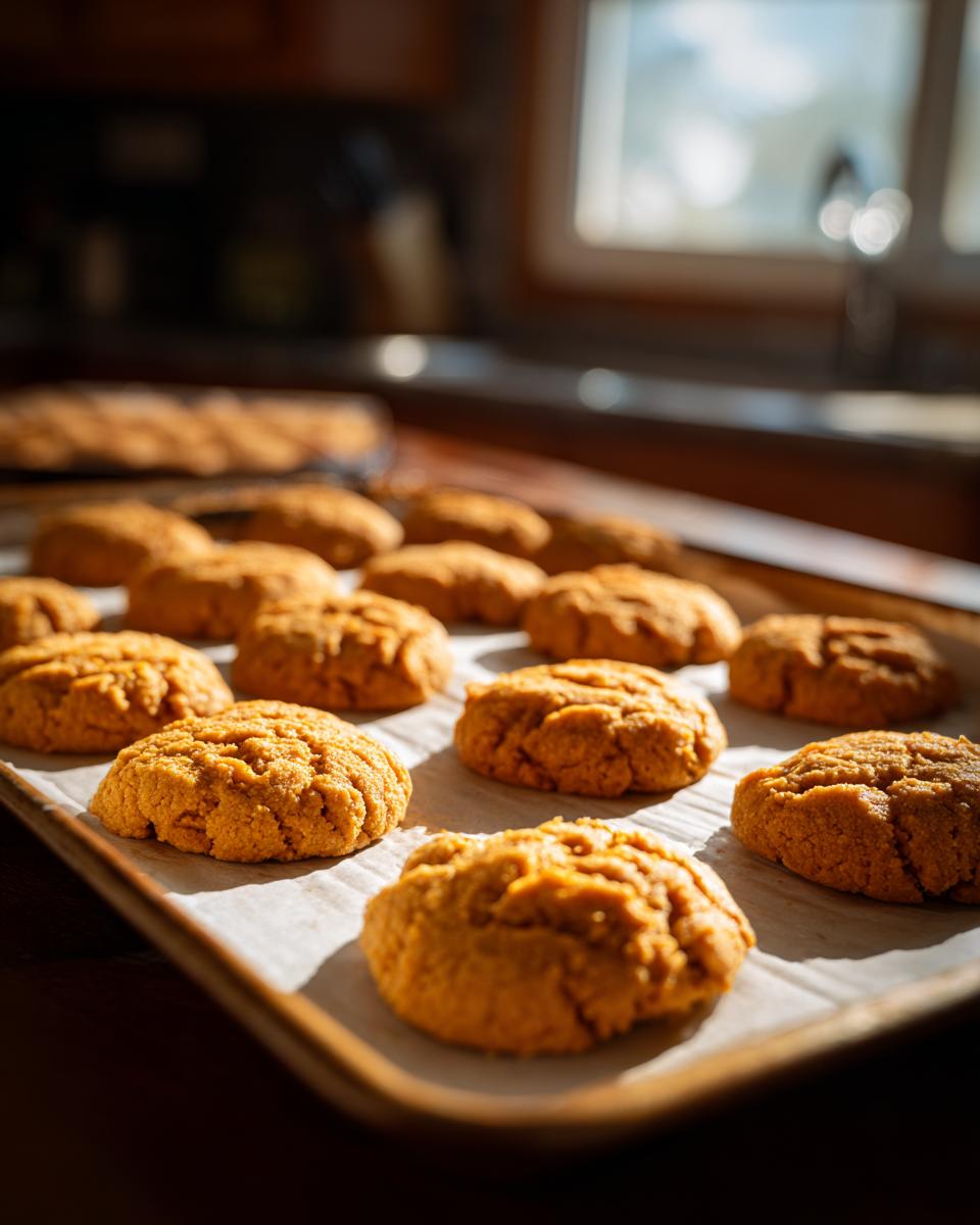 Amazing Salmon & Sweet Potato Cat Treats 9 Close-up of a baking sheet with freshly baked Salmon & Sweet Potato Cat Treats.
