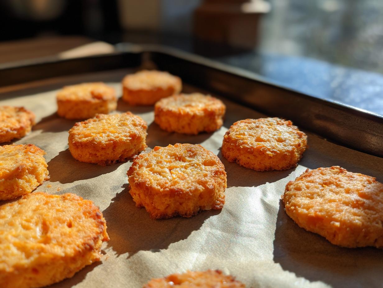 Amazing Salmon & Sweet Potato Cat Treats 6 Close-up of freshly baked Salmon & Sweet Potato Cat Treats on a baking sheet.