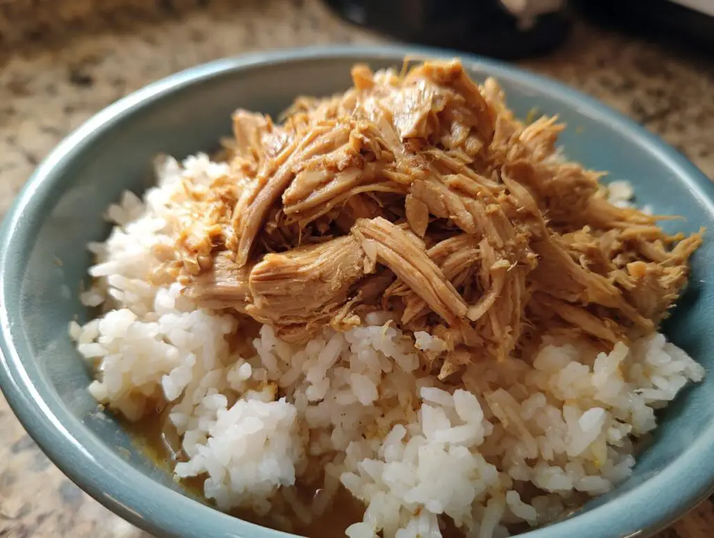 A bowl of homemade sensitive stomach cat meal, featuring shredded meat over white rice.
