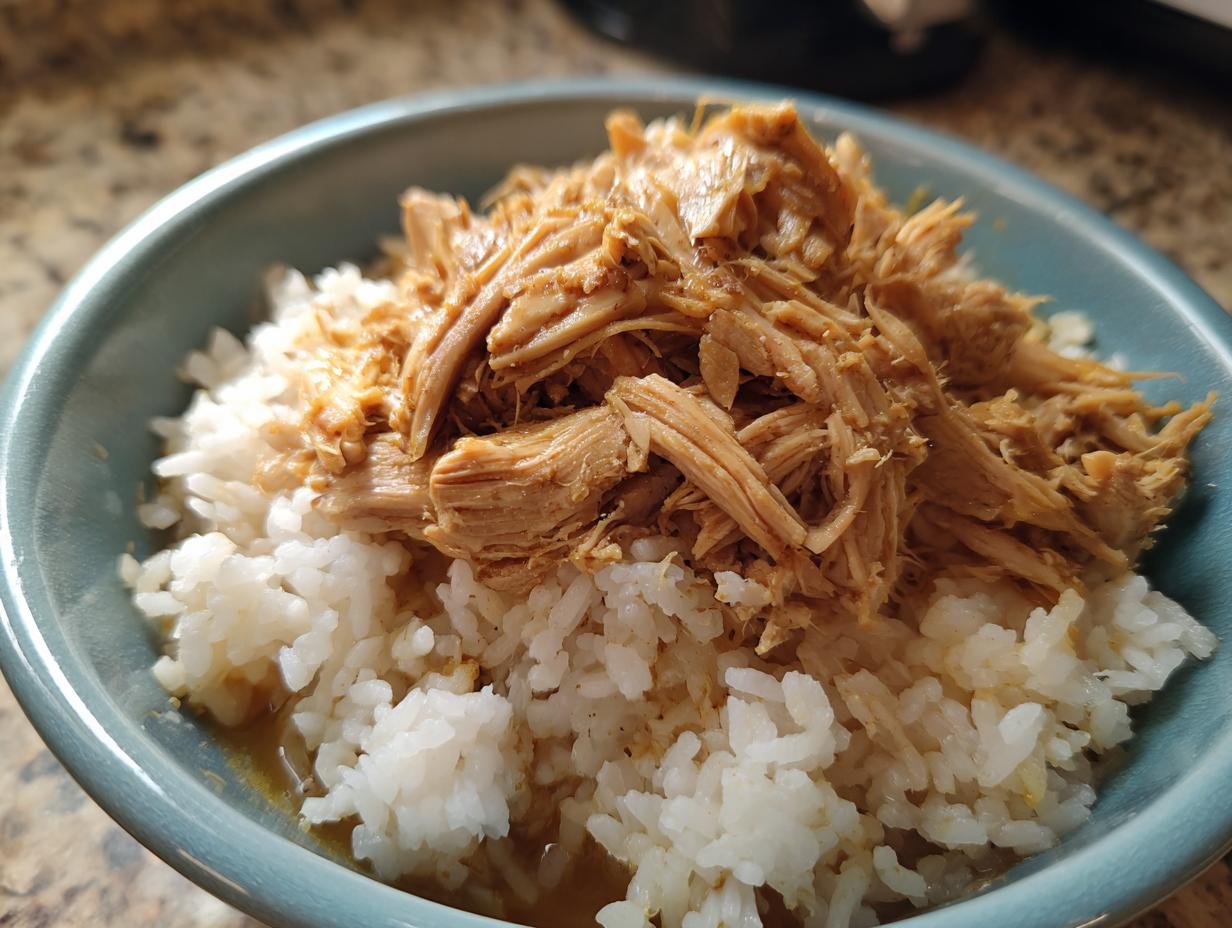 Gentle Sensitive Stomach Cat Meal: 1 Worry-Free Recipe 6 A bowl of homemade sensitive stomach cat meal, featuring shredded meat over white rice.