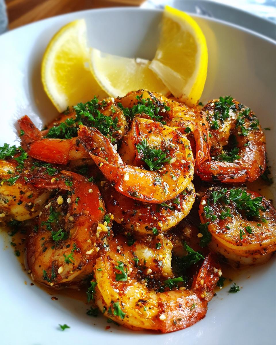 Amazing 15-Min Shrimp Cat Dinner 10 Close-up of a bowl of cooked Shrimp Cat Dinner with lemon wedges and parsley garnish.