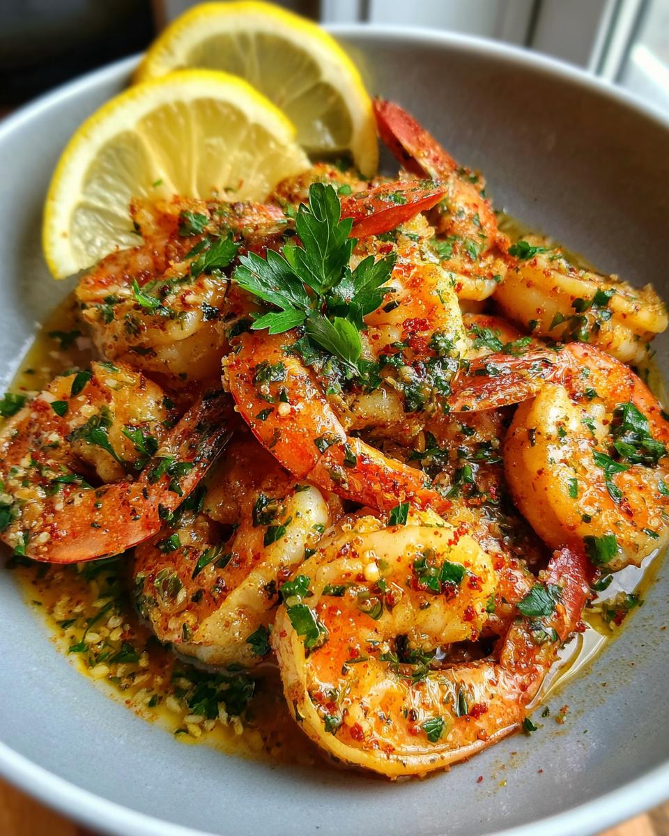 Amazing 15-Min Shrimp Cat Dinner 9 Close-up of a bowl of Shrimp Cat Dinner with lemon slices and fresh herbs.