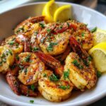 Amazing 15-Min Shrimp Cat Dinner 11 Close-up of a bowl of delicious Shrimp Cat Dinner with lemon wedges and fresh herbs.