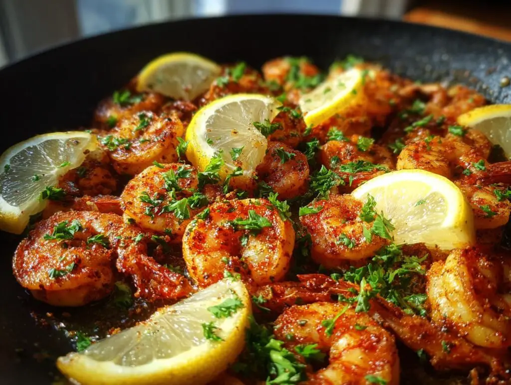 Close-up of cooked Shrimp Cat Dinner with lemon slices and herbs.