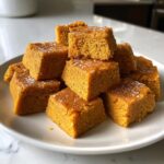 Soft Pumpkin Cat Treats: 1 Simple Recipe 11 A stack of homemade Soft Pumpkin Cat Treats on a white plate, dusted with powdered sugar.