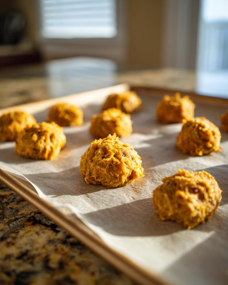 Close-up of freshly baked Soft Senior Cat Treats on a parchment-lined baking tray.