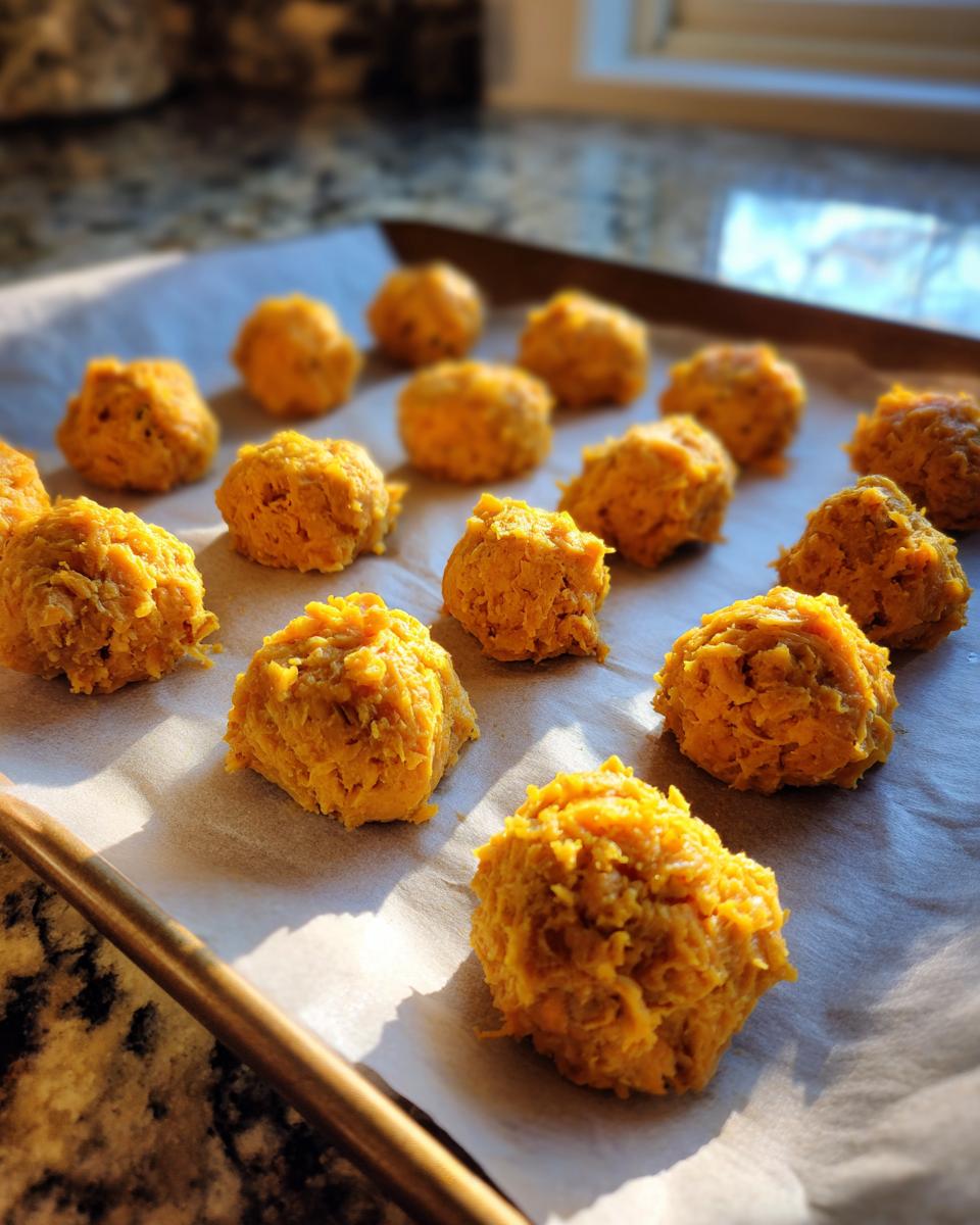 Close-up of freshly made soft senior cat treats on a parchment-lined baking sheet.