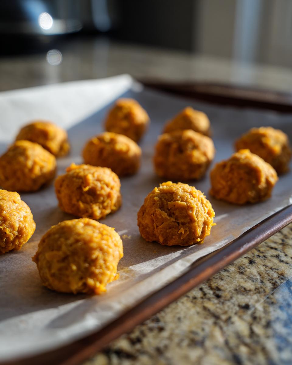 Close-up of homemade soft senior cat treats on a baking sheet, ready to be served.