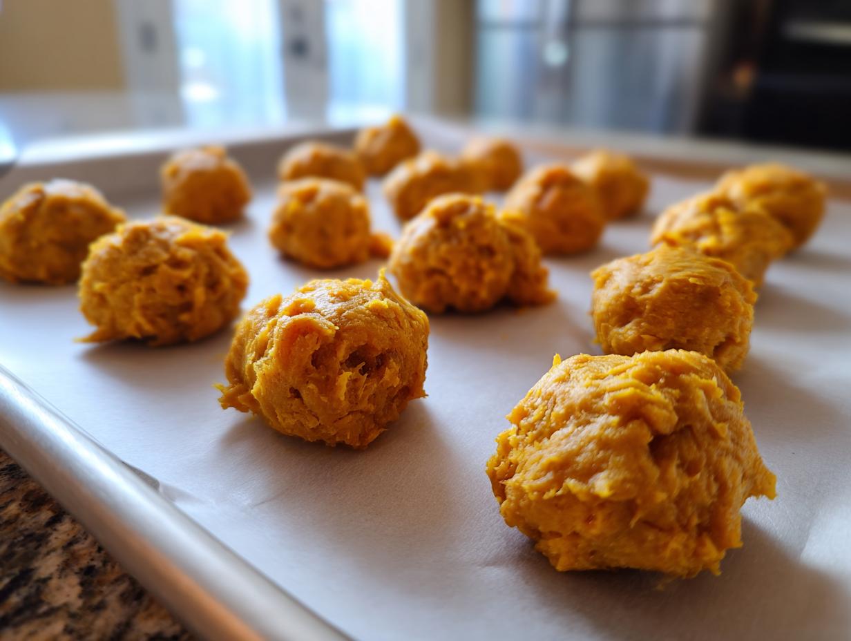 Close-up of soft, orange Soft Senior Cat Treats on a baking sheet, ready to be baked.