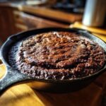 Close-up of a freshly baked Southern Chocolate Cobbler in a cast iron skillet.