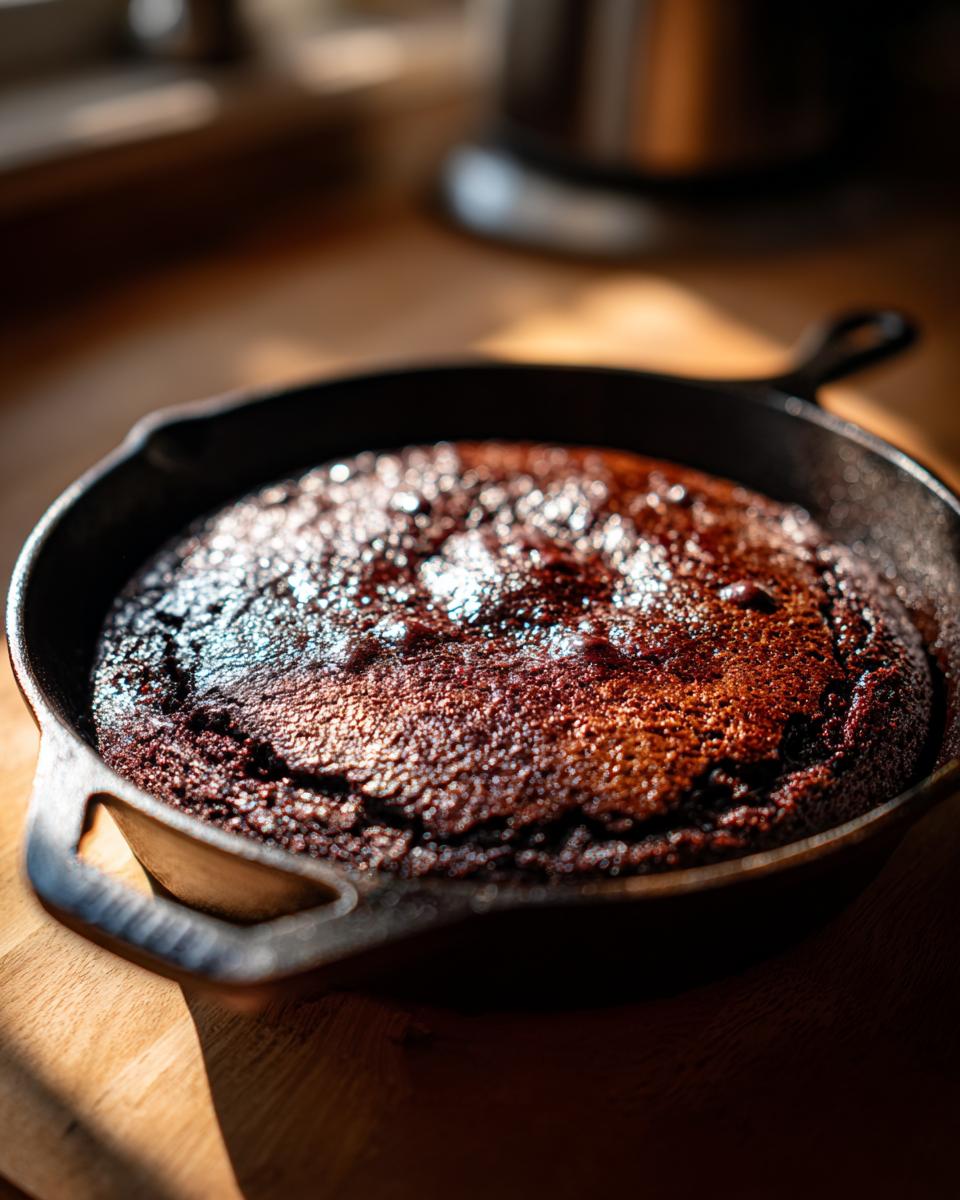 Close-up of a freshly baked Southern Chocolate Cobbler in a cast iron skillet.