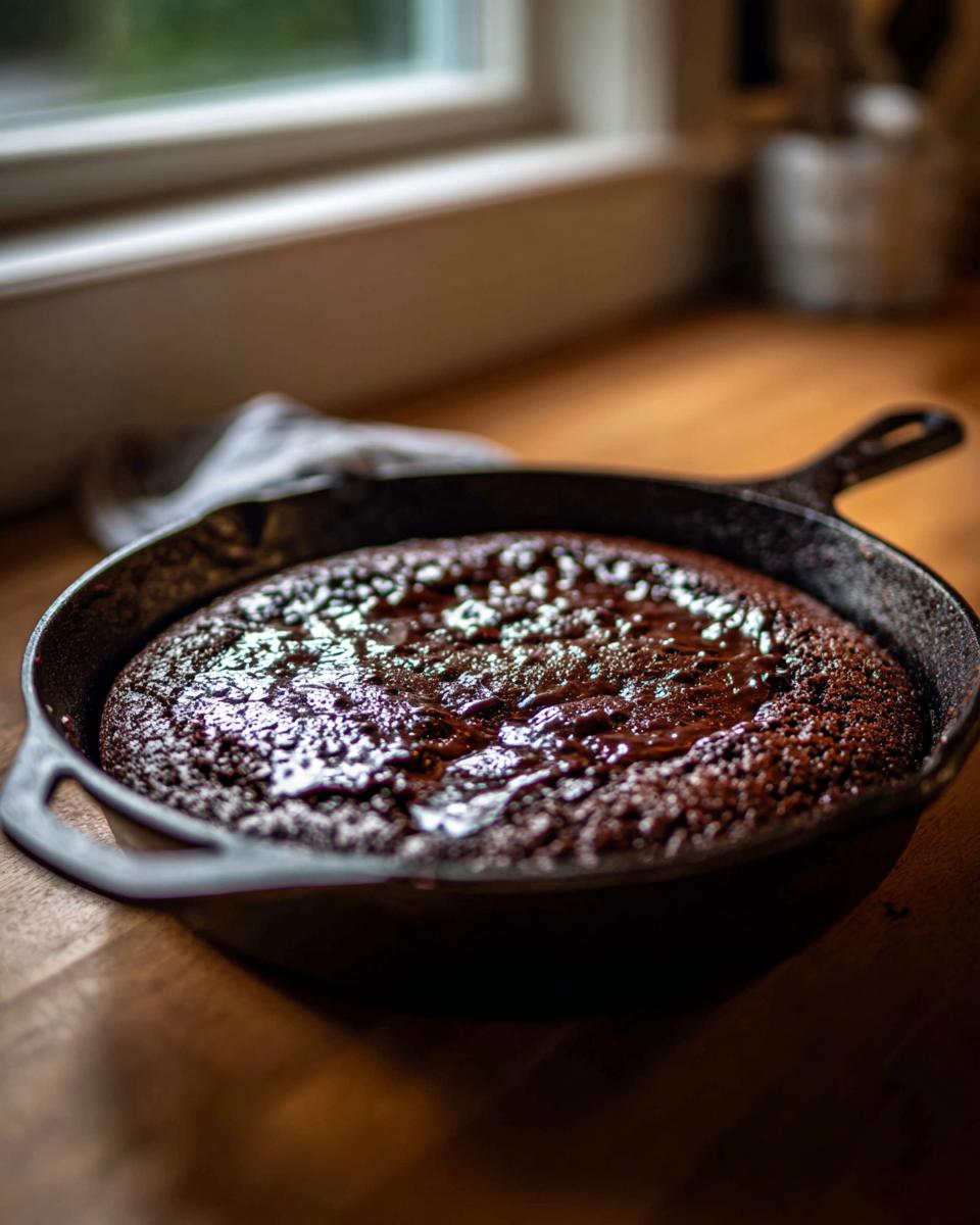Close-up of a Southern Chocolate Cobbler in a skillet, freshly baked and ready to serve.