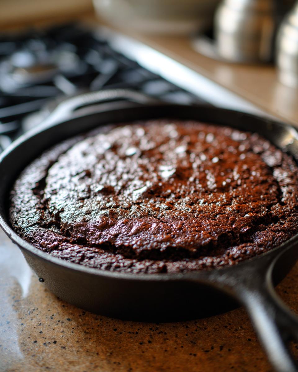 Close-up of a freshly baked Southern Chocolate Cobbler in a cast iron skillet.