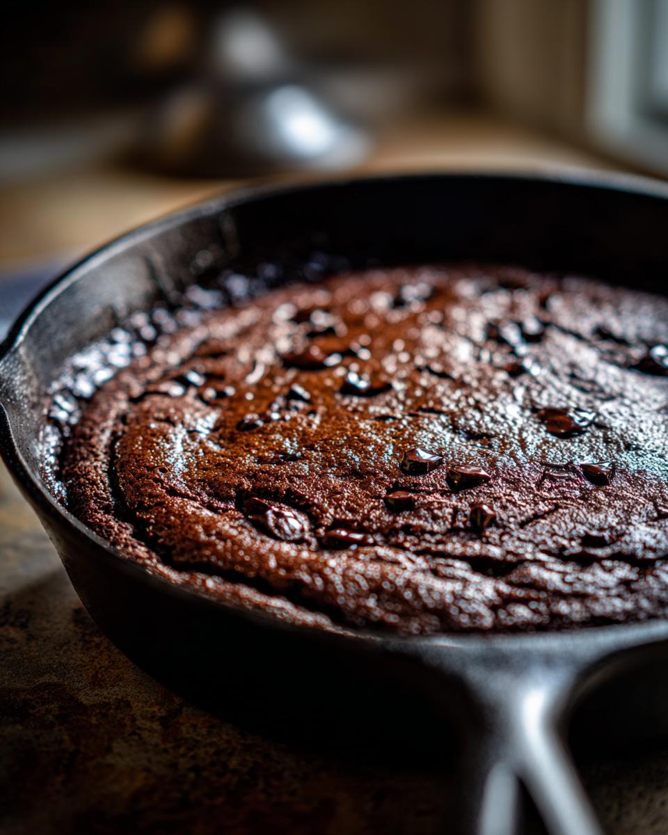 Close-up of a Southern Chocolate Cobbler in a skillet, freshly baked and ready to serve.