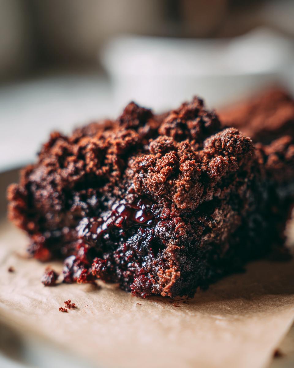 Close-up of a slice of Southern Chocolate Cobbler, showing the rich chocolate and bubbly filling.