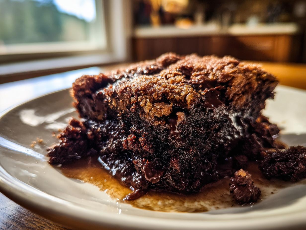 Close-up of a slice of Southern Chocolate Cobbler on a plate, with a rich, gooey texture.