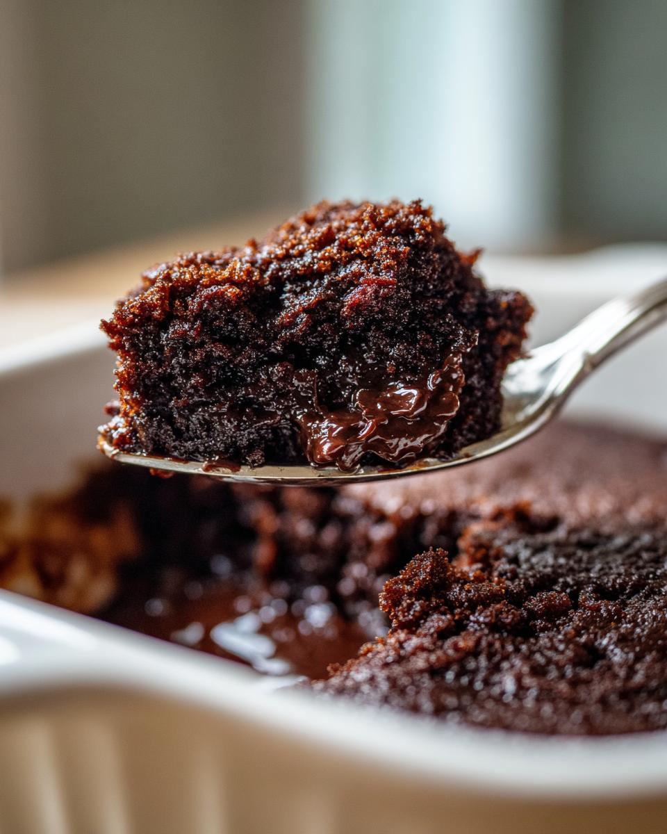 A spoonful of delicious Southern Chocolate Cobbler, showing the moist cake and rich chocolate sauce.