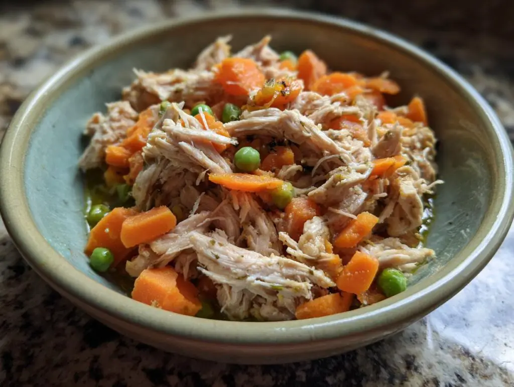 Close-up of a Spring Chicken Cat Meal Bowl with shredded chicken, carrots, and peas.