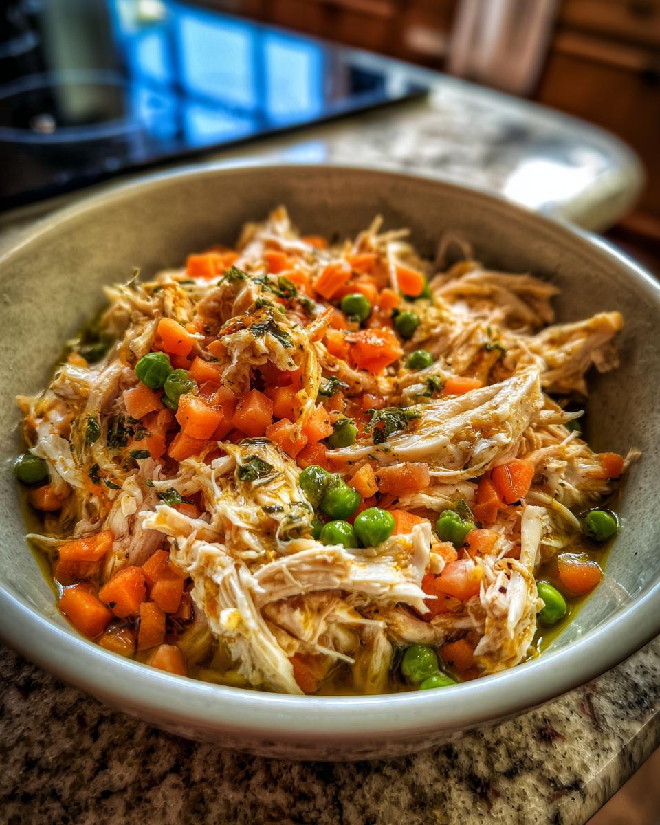 Spring Chicken Cat Meal Bowl: 1 Simple, Healthy Dish 7 Close-up of a Spring Chicken Cat Meal Bowl with shredded chicken, carrots, and peas.