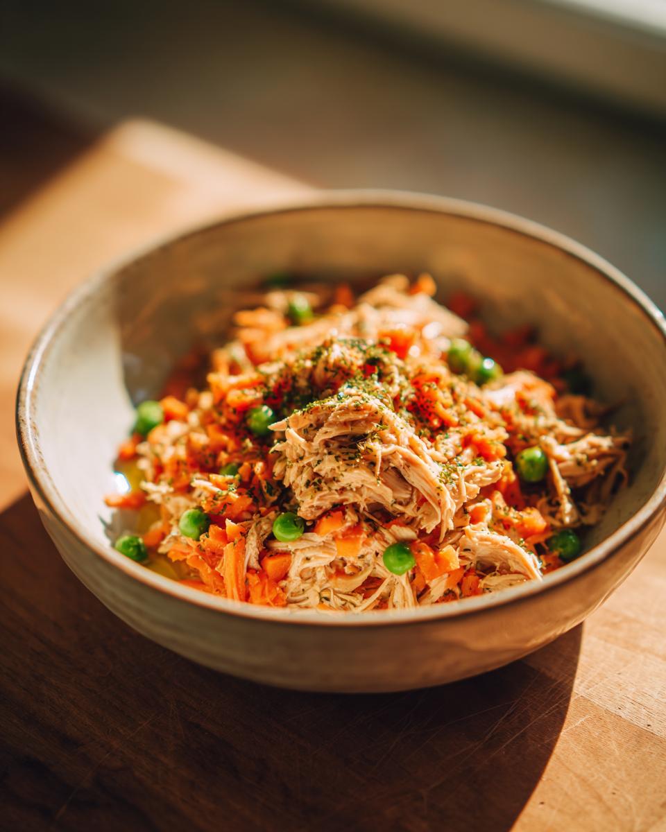 Spring Chicken Cat Meal Bowl: 1 Simple, Healthy Dish 10 Close-up of a Spring Chicken Cat Meal Bowl with shredded chicken, carrots, and peas.