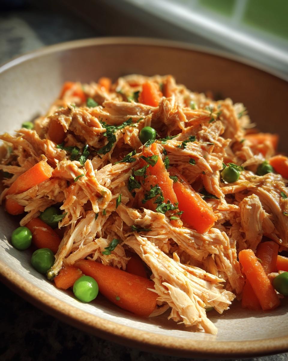 Spring Chicken Cat Meal Bowl: 1 Simple, Healthy Dish 9 Close-up of a Spring Chicken Cat Meal Bowl with shredded chicken, carrots, and peas.