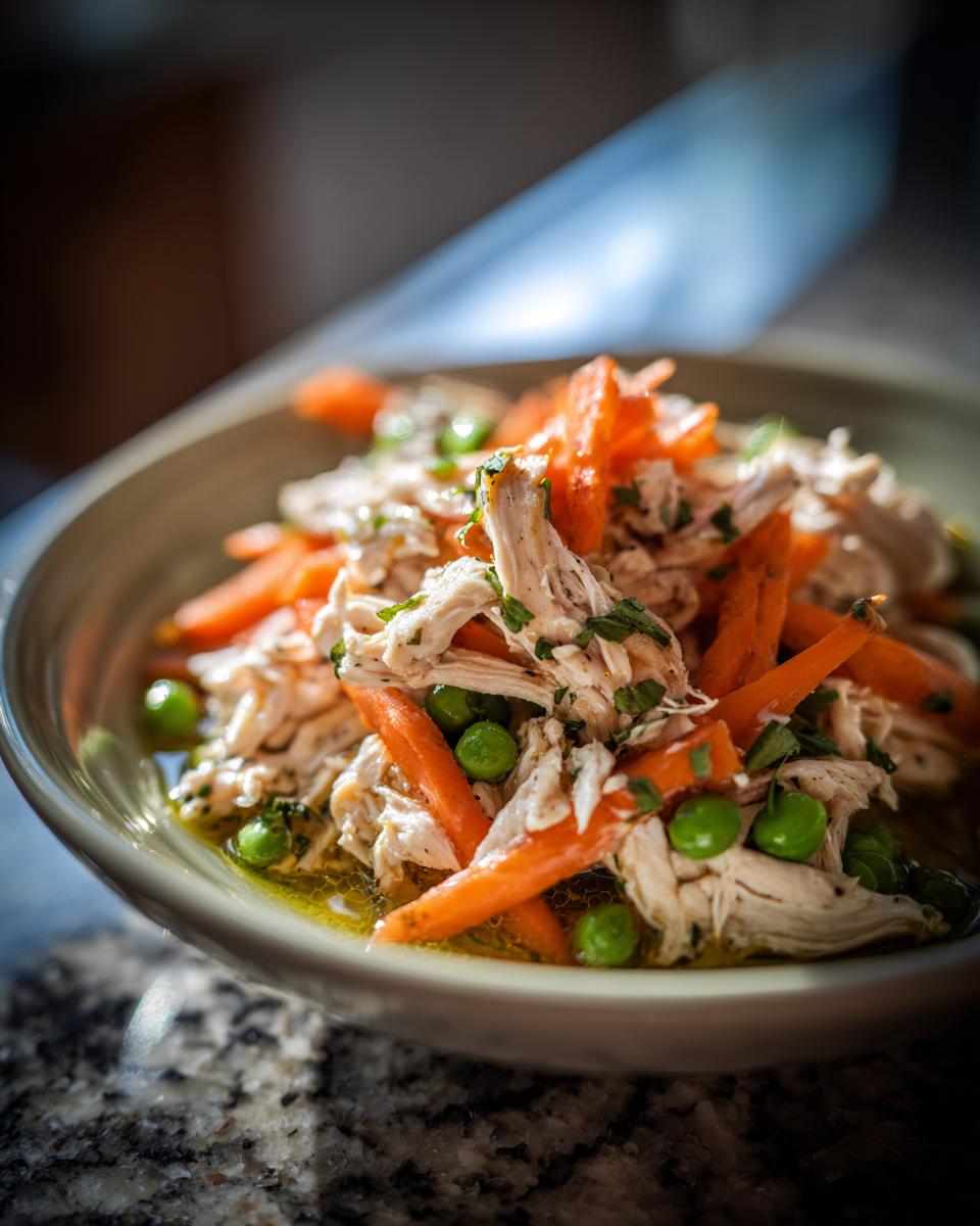 Spring Chicken Cat Meal Bowl: 1 Simple, Healthy Dish 8 Close-up of a Spring Chicken Cat Meal Bowl with shredded chicken, carrots, and peas.