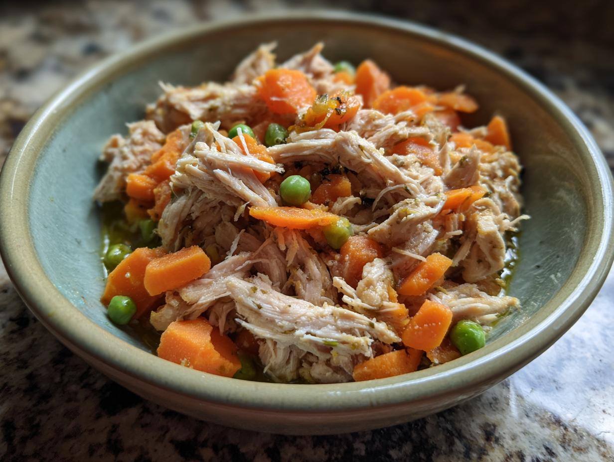 Spring Chicken Cat Meal Bowl: 1 Simple, Healthy Dish 6 Close-up of a Spring Chicken Cat Meal Bowl with shredded chicken, carrots, and peas.