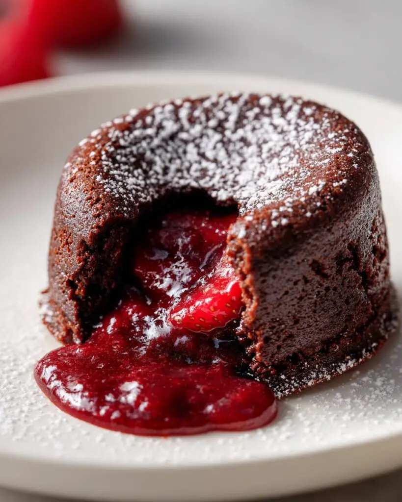 Close-up of a Strawberry Chocolate Lava Cake with oozing strawberry filling.