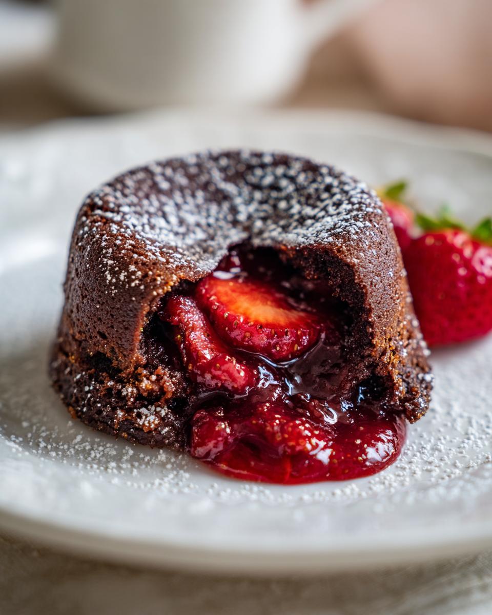 Close-up of a Strawberry Chocolate Lava Cake with a flowing strawberry center, dusted with powdered sugar.